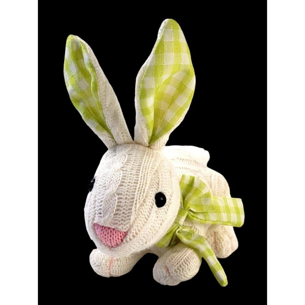 Kids of America Cable Knit Bunny Rabbit 8" White Green Gingham Ears Bow Easter